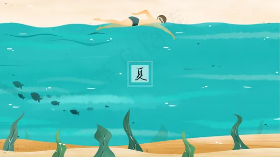 人在水面游泳水下有海草和鱼