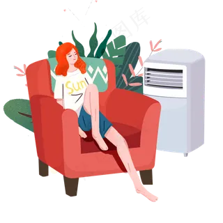 大暑女孩躺在沙发上吹空调睡觉P