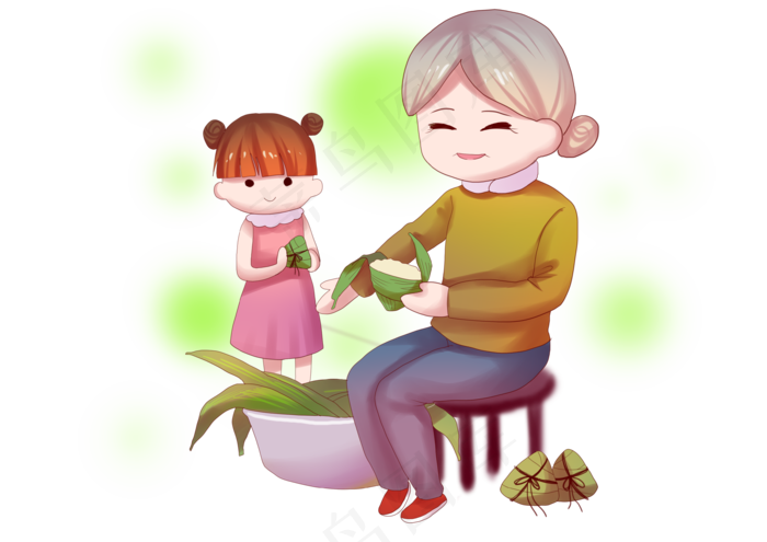 端午节奶奶带着孙女一起包粽子