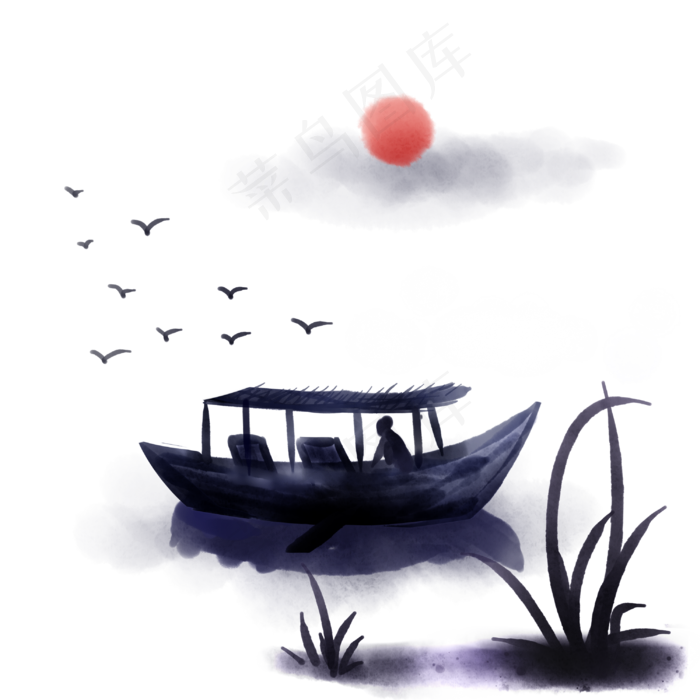水墨渔船渔民