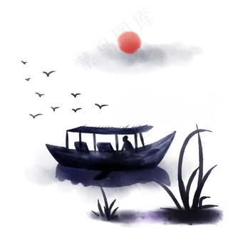 水墨渔船渔民