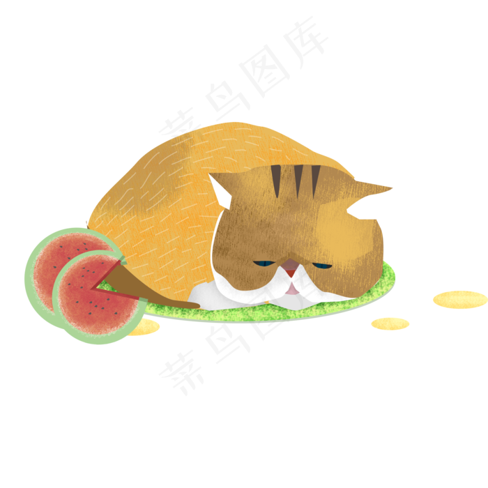 扒着的猫与西瓜大暑元素(2000X2000(DPI:96))psd模版下载