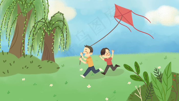 踏青风筝手绘春天好天气