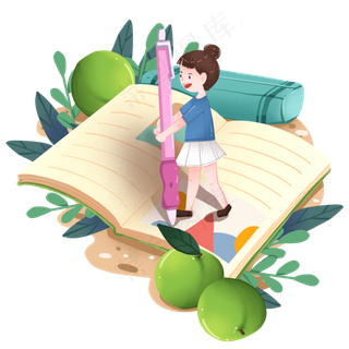 书本上做笔记的女孩和青梅