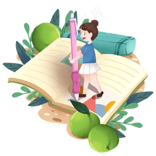书本上做笔记的女孩和青梅