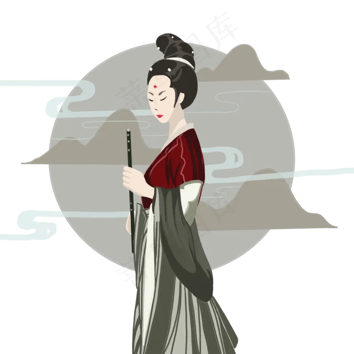 古典唯美仕女仙女哪萧山水PNG(2000X2000(DPI:300))psd模版下载