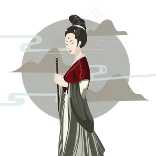 古典唯美仕女仙女哪萧山水PNG