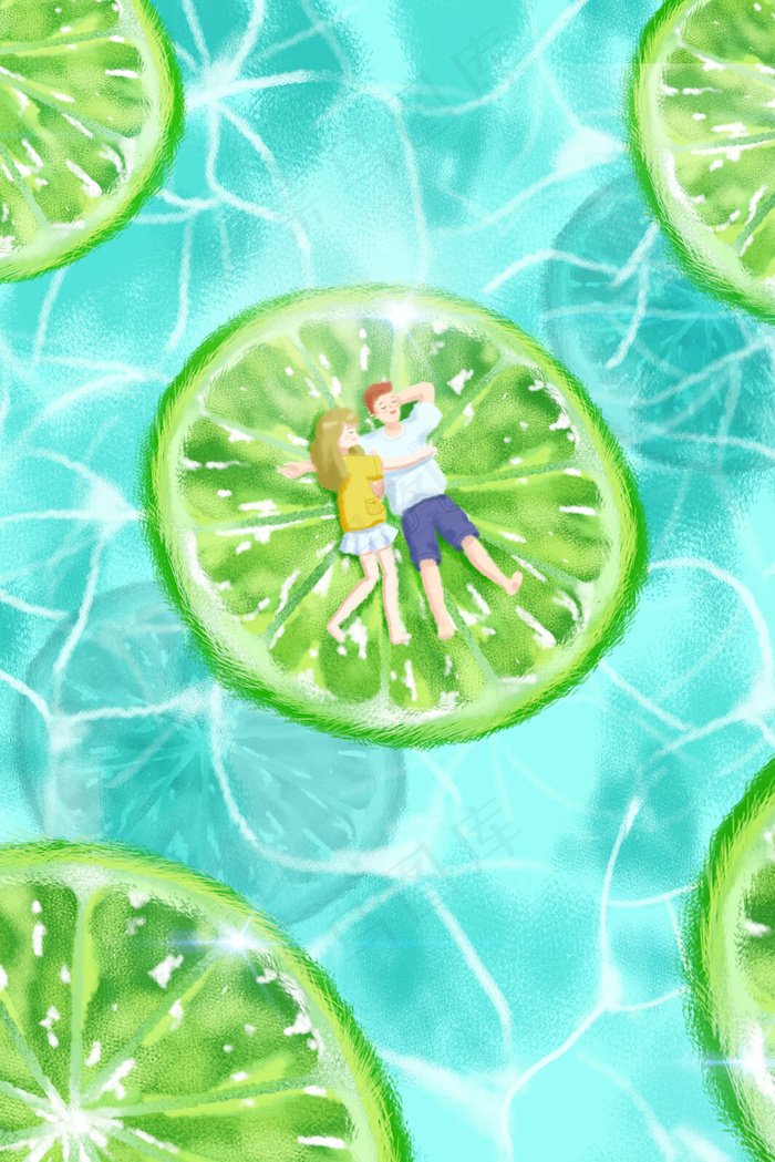 冷色调小清新水果小人儿躺柠檬上(3545X5315(DPI:300))psd模版下载