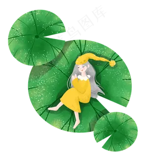 大暑睡在荷叶上的黄衣服女孩