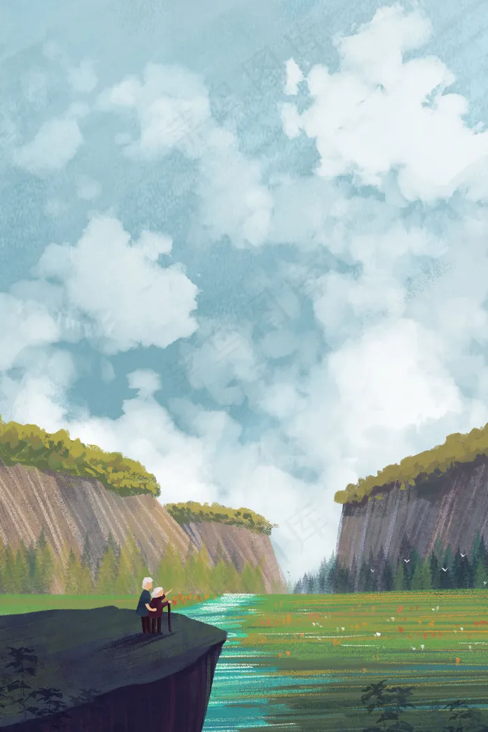 重阳节两位老人家登高山水风景