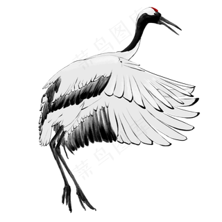 丹顶鹤挥翅水墨画,免抠元素