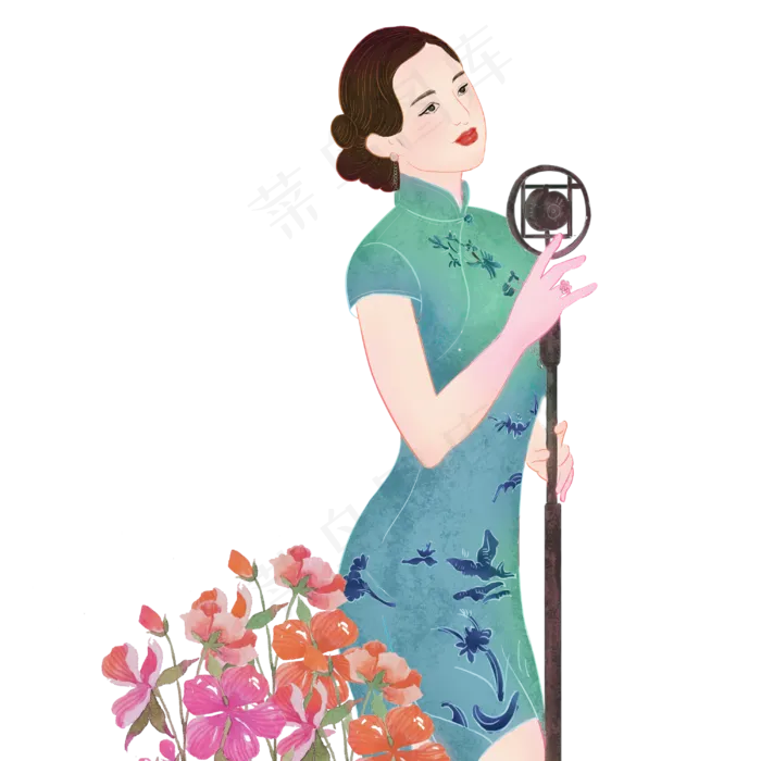 复古旗袍女子歌星,免抠元素(3000*3000px 300 dpi )psd模版下载