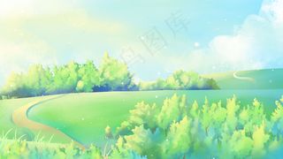 绿色唯美卡通晴朗炎热夏季夏天风景配图