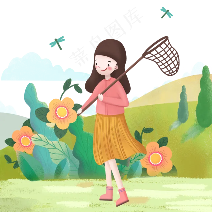 春天漂亮的女生捉蜻蜓(2000X2000(DPI:300))psd模版下载