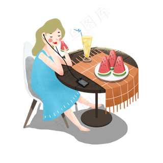 夏季吃西瓜喝果汁的女孩
