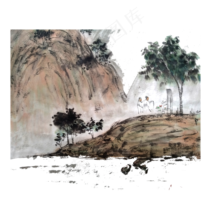 农历山水清明祭祀上坟国画水墨P