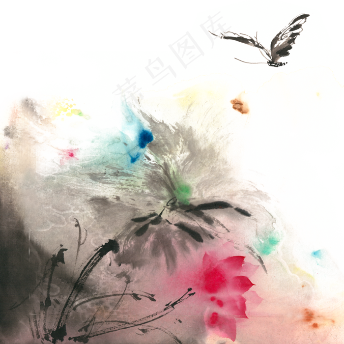 荷花流彩水墨画PNG免抠素材