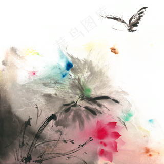 荷花流彩水墨画PNG免抠素材
