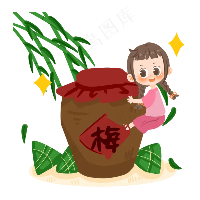 端午节卡通女孩与梅子酒PNG素材(3000X3000(DPI:300))psd模版下载