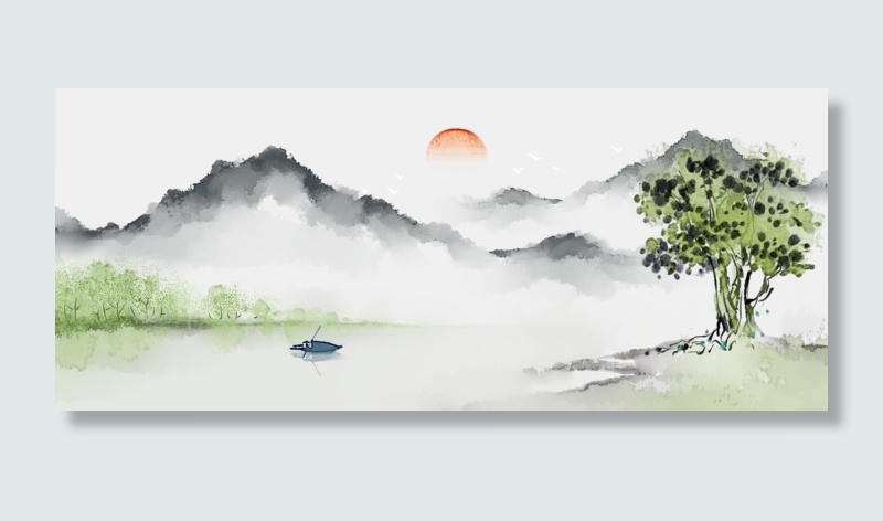 春江泛舟水墨画中国风山水PNG素材,免抠元素