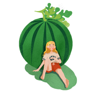 大暑女孩靠在西瓜上睡觉PNG素材