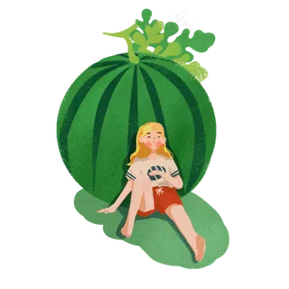 大暑女孩靠在西瓜上睡觉PNG素材