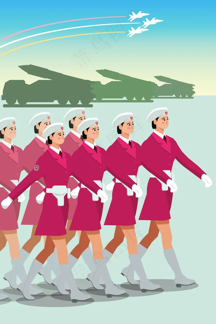 美丽的女民兵们齐走正步(3835*5751px 300 dpi )ai矢量模版下载