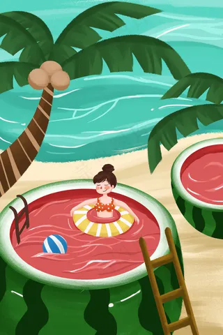 夏天夏日西瓜大暑夏至24节气游泳女孩