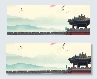 米色中国风花瓣国庆七天游banner