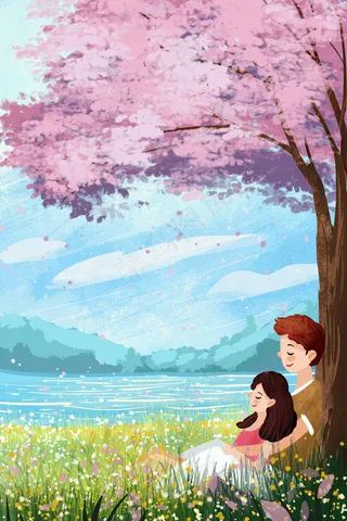 樱花树下情侣温馨呆在一起治愈系