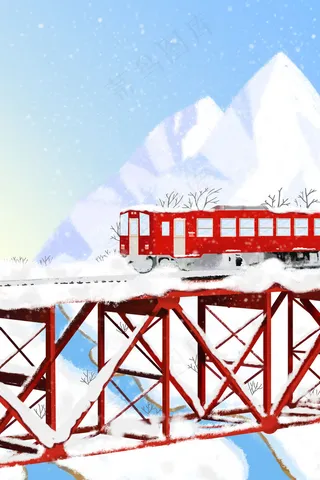 冬天大雪节气手绘冰天雪地列车在雪中行驶