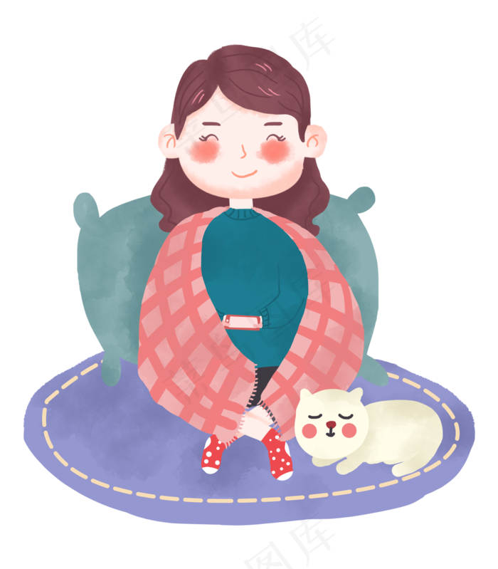 冬天手绘宅在家裹着被子玩手机的