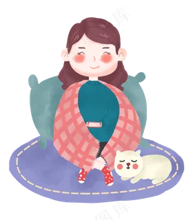 冬天手绘宅在家裹着被子玩手机的