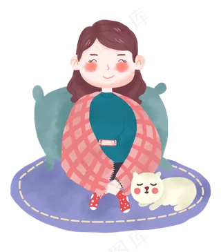 冬天手绘宅在家裹着被子玩手机的