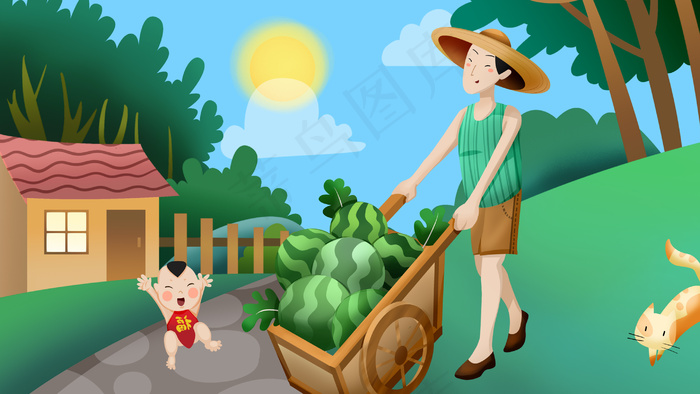 绿色系卡通手绘风夏景夏天西瓜配图(2880*1620px 300 dpi )psd模版下载