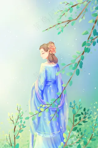 蓝色绿色唯美卡通大暑小暑盛夏古风夏景配图