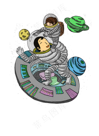 父亲节灰色手绘太空玩耍的父女免
