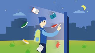 校园里的男学生在使用智能图书馆