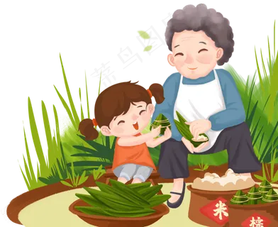 小女孩和奶奶一起包粽子