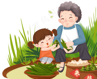 小女孩和奶奶一起包粽子