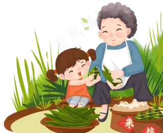 小女孩和奶奶一起包粽子