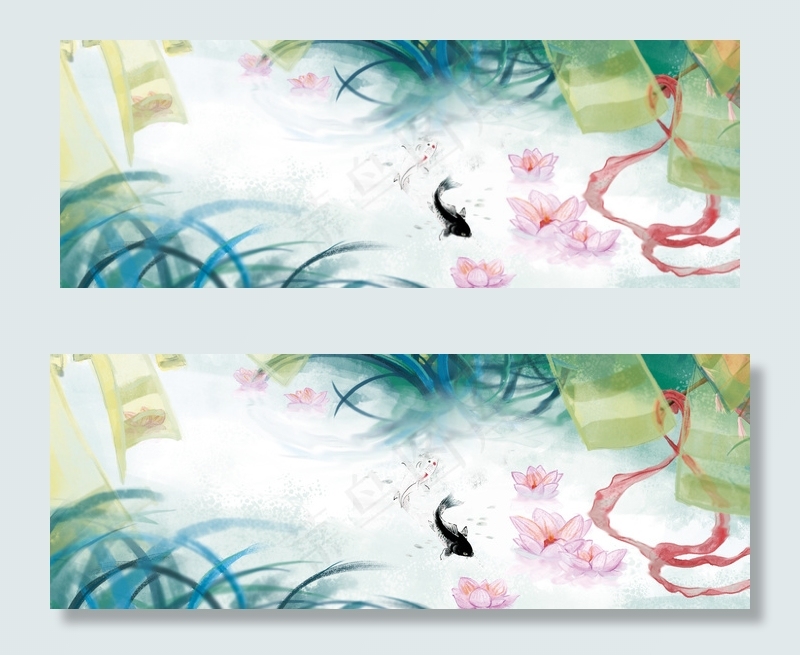 游鱼彩墨古风背景