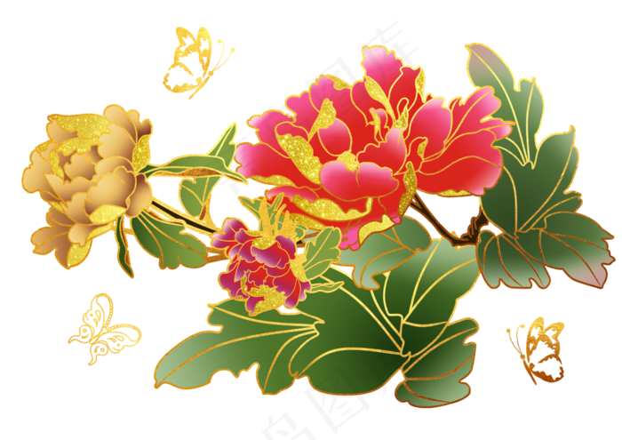 花开富贵镶嵌金边牡丹花蝴蝶装饰(4961X3508(DPI:300))psd模版下载