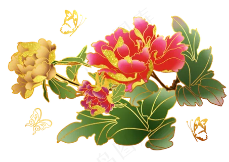 花开富贵镶嵌金边牡丹花蝴蝶装饰