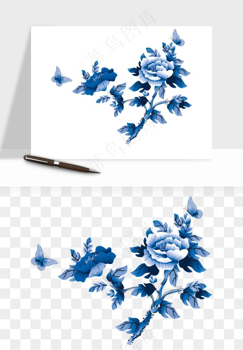 青花瓷花纹花卉图案png免抠
