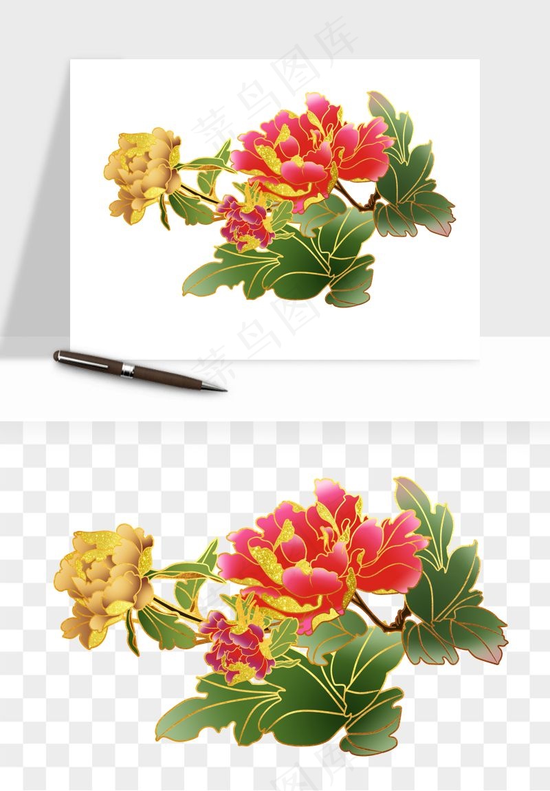 手绘国潮牡丹花花卉图案png免抠