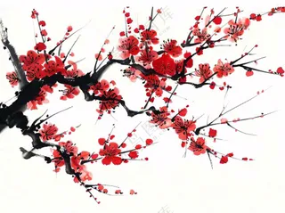 红色梅花傲雪水墨画插画免抠
