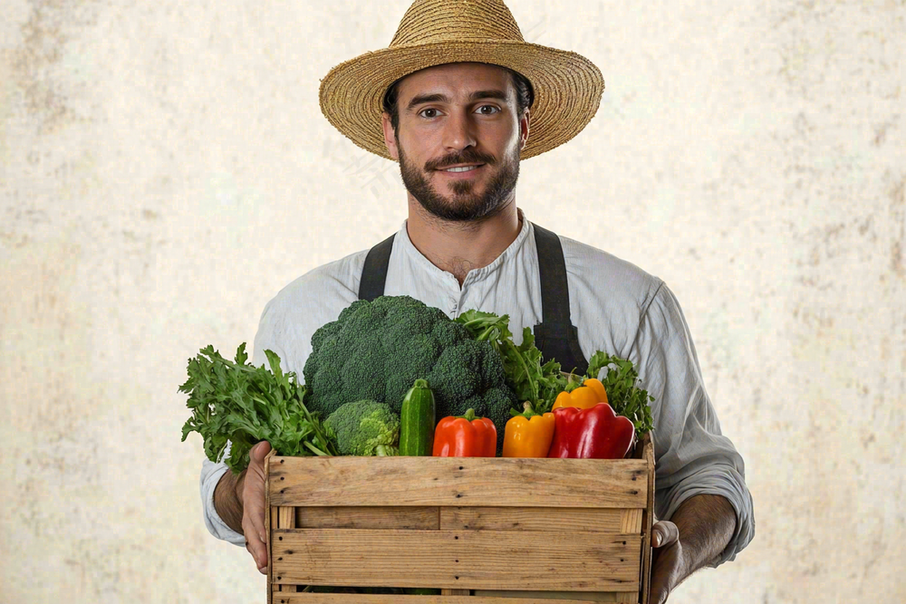 蔬菜农夫抱着一筐蔬菜食物摄影图