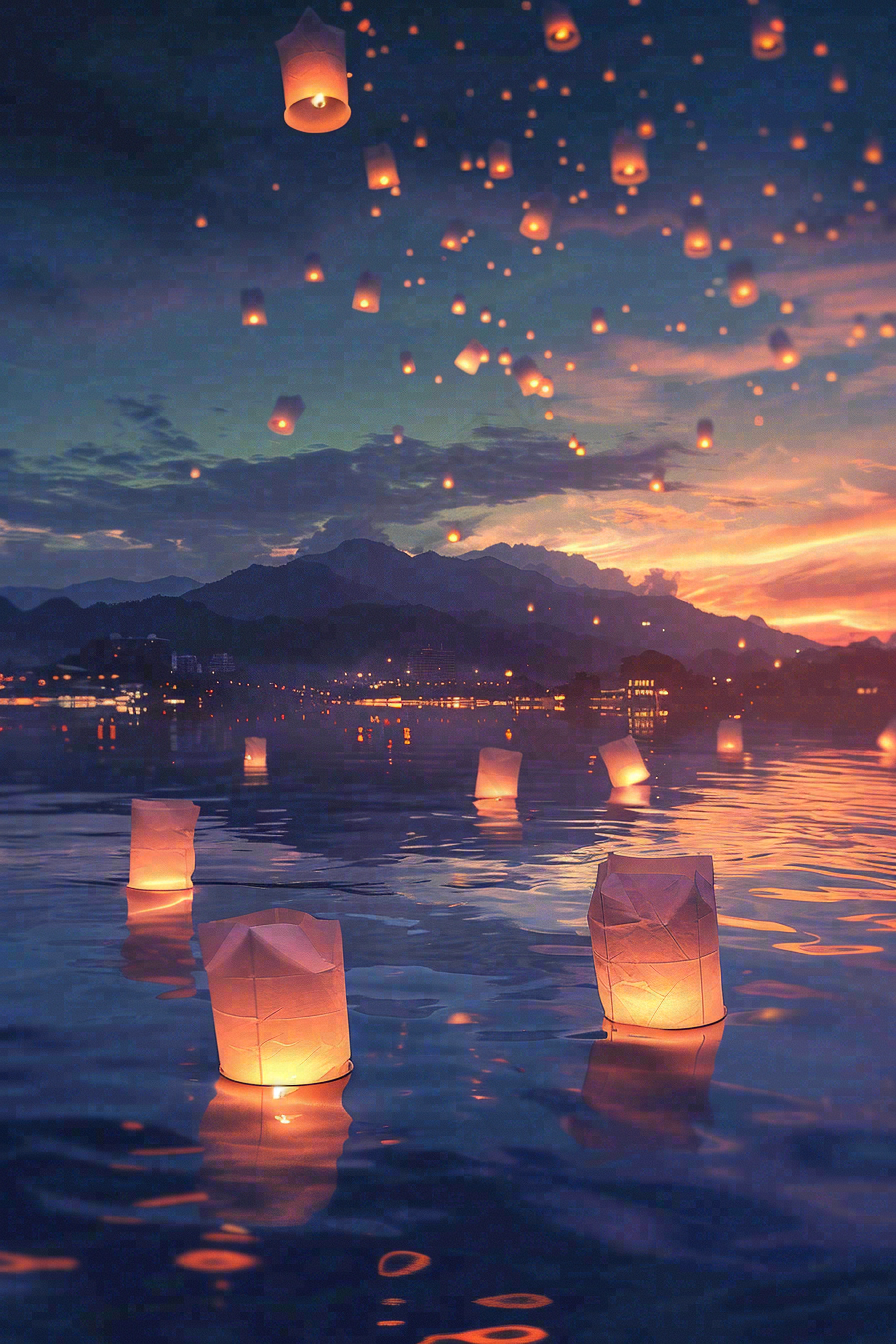 夜晚点灯孔明灯祈福中元节寒衣节插画背景