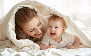 妈妈陪着婴儿玩耍白色床温馨母亲节摄影图